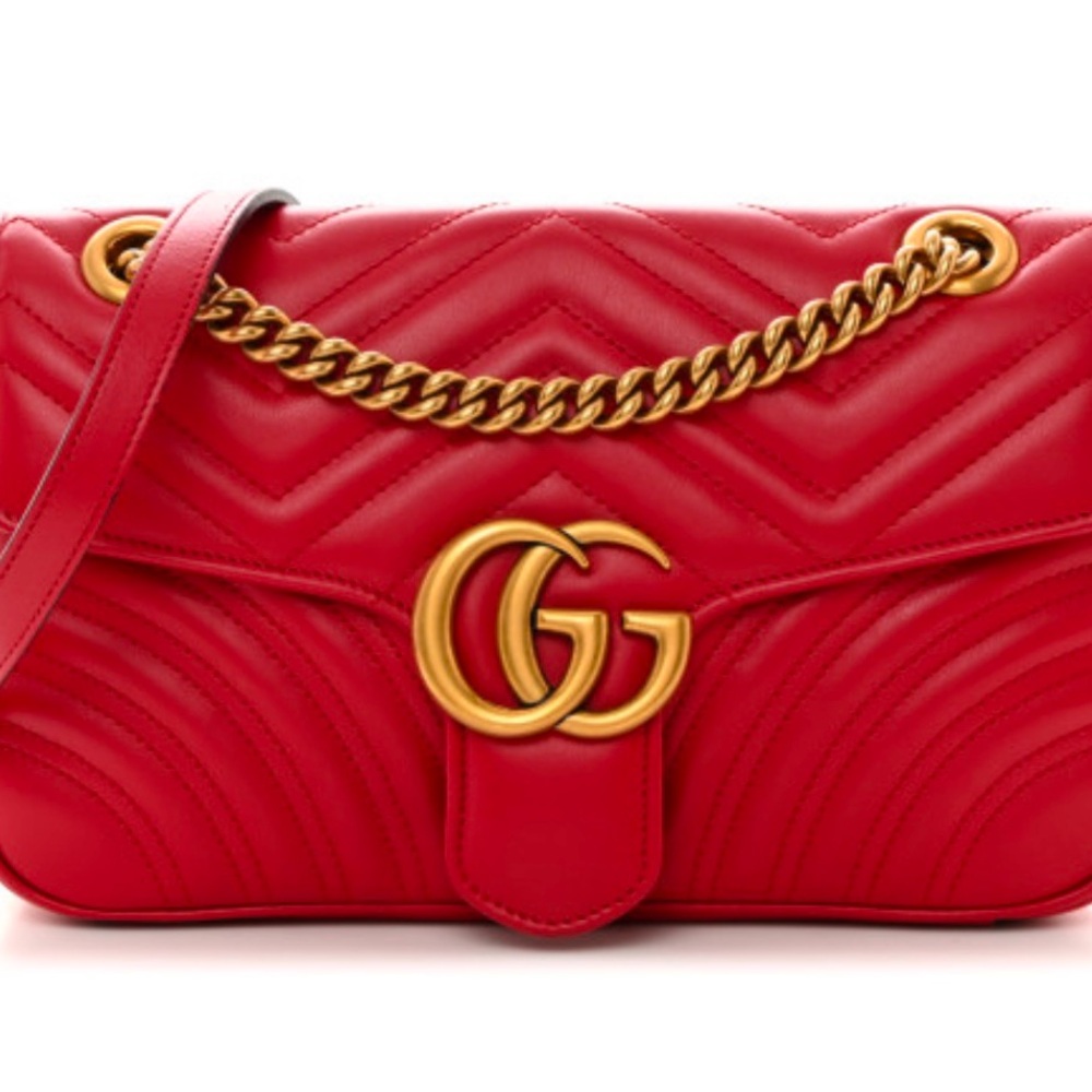 GUCCI Calfskin Matelasse Small GG Marmont Shoulder Bag in Hibiscus Red. NEW!